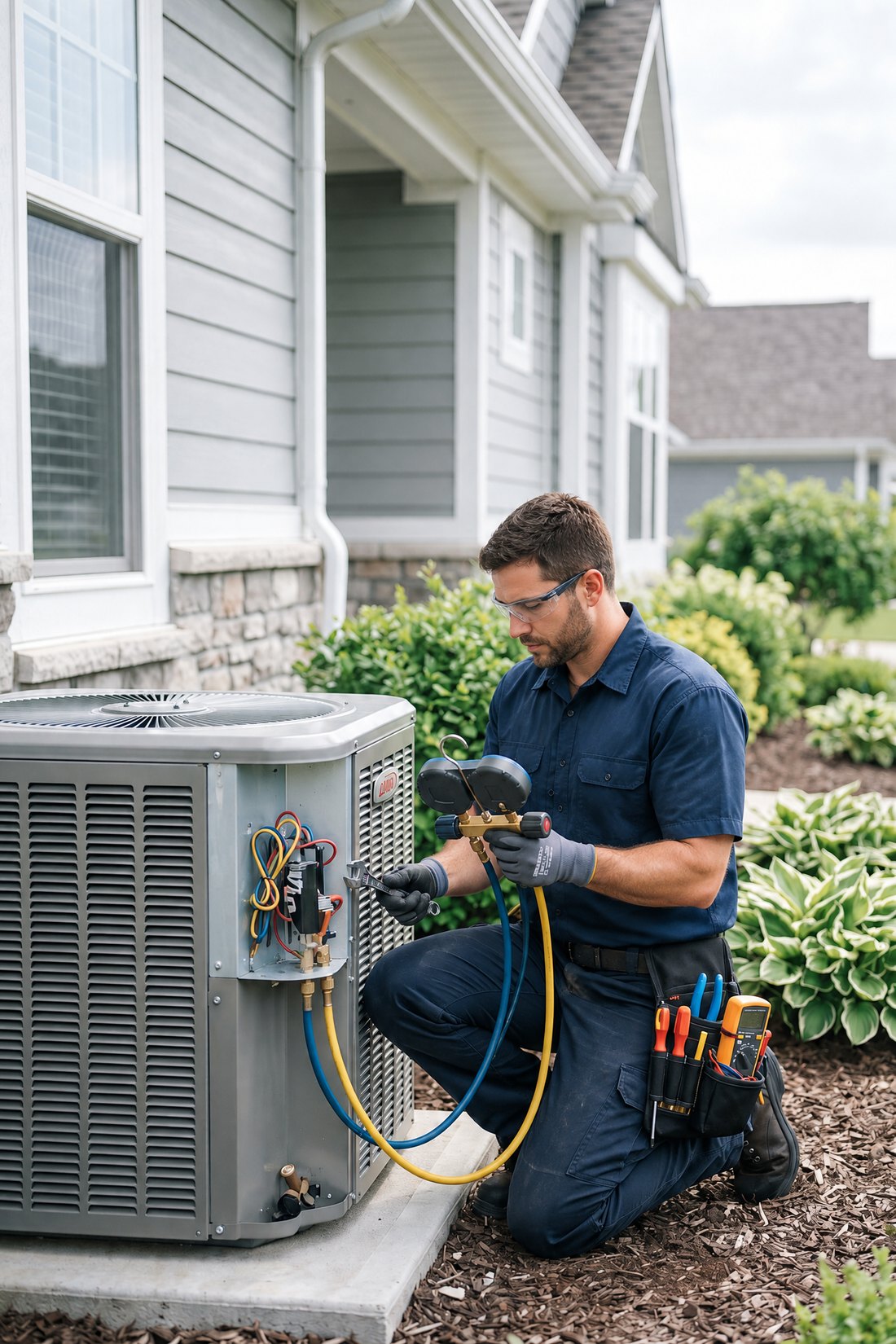 An HVAC technician servicing a condenser beside a home