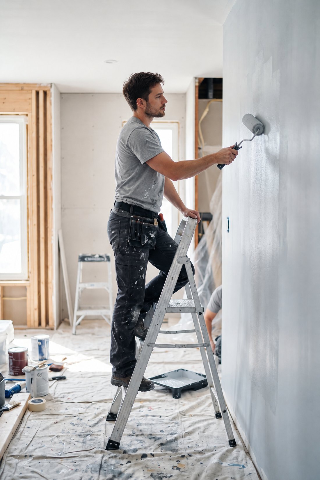 A painter rolling a fresh coat onto a living-room wall