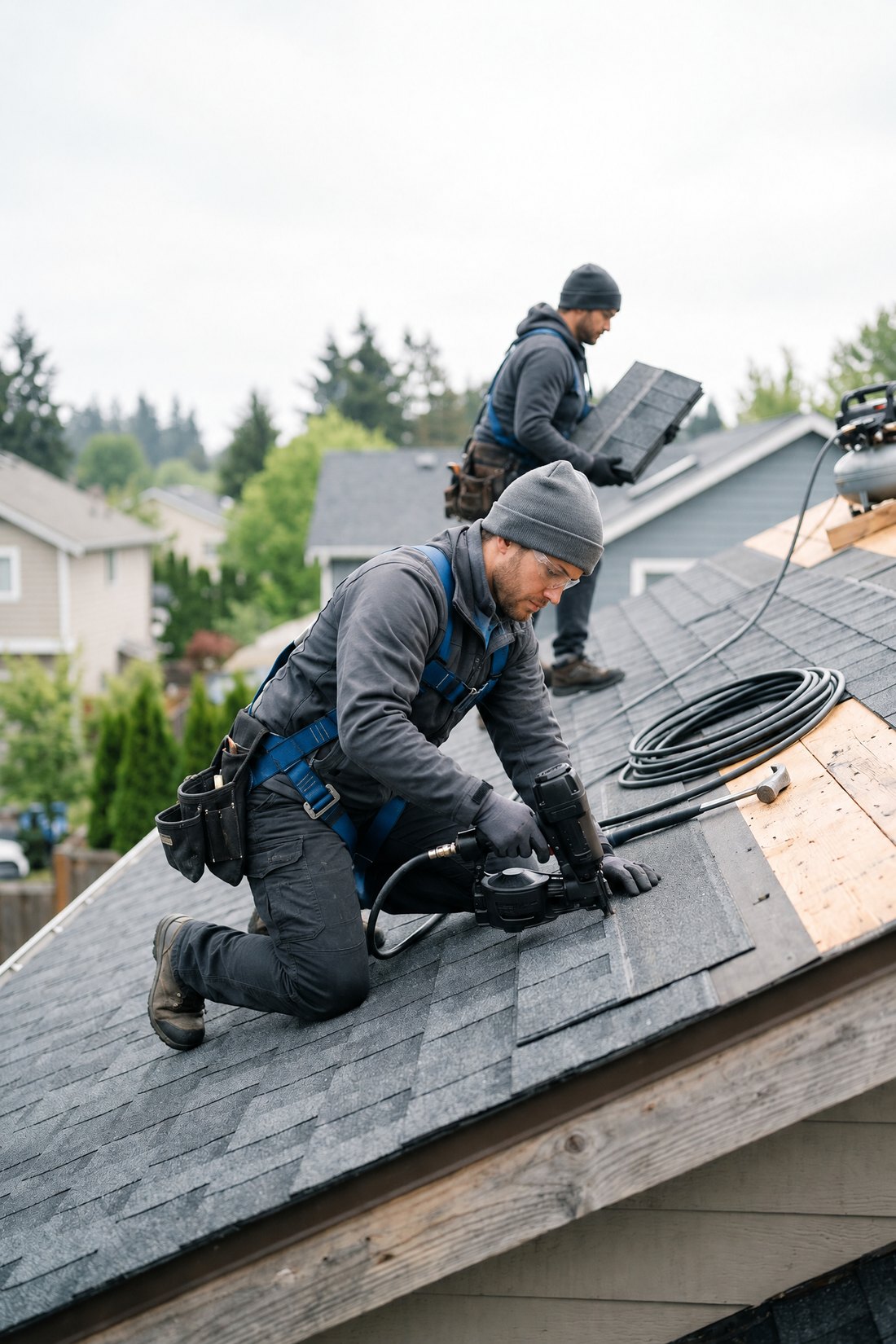A roofing crew laying underlayment on a residential roof