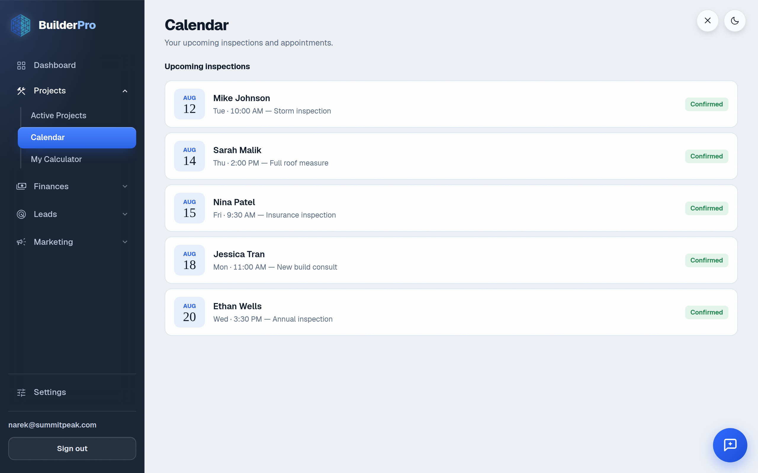 The BuilderPro calendar with the week's appointments and jobs